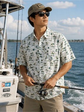 Columbia PFG Fishing Shirt Men’s Large Tropical Marlin Palm Print 100% Cotton